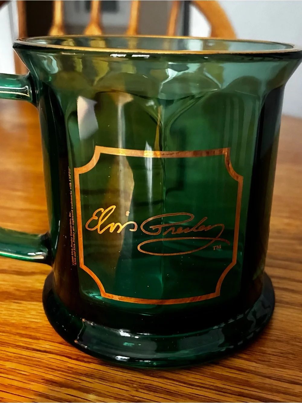 Green Glass Elvis ‘Love Me Tender' Mug with Gold Script